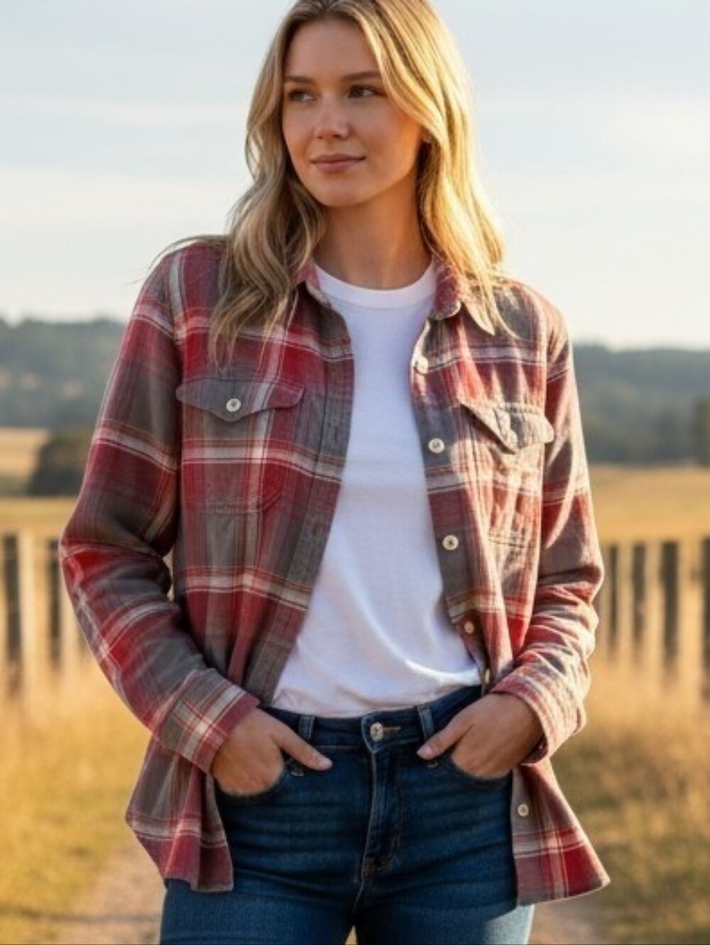 Filson Red and Gray Plaid Button-Up Shirt Size M